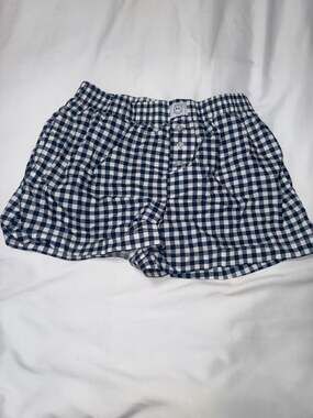 Happily Grey Women's Navy and White Gingham Plaid Boxer Lounge Shorts
